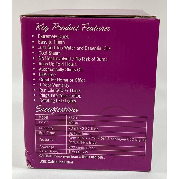 Now Solutions Ultrasonic USB Aromatherapy Oil Diffuser Heat Free Portable NEW - Picture 2 of 5